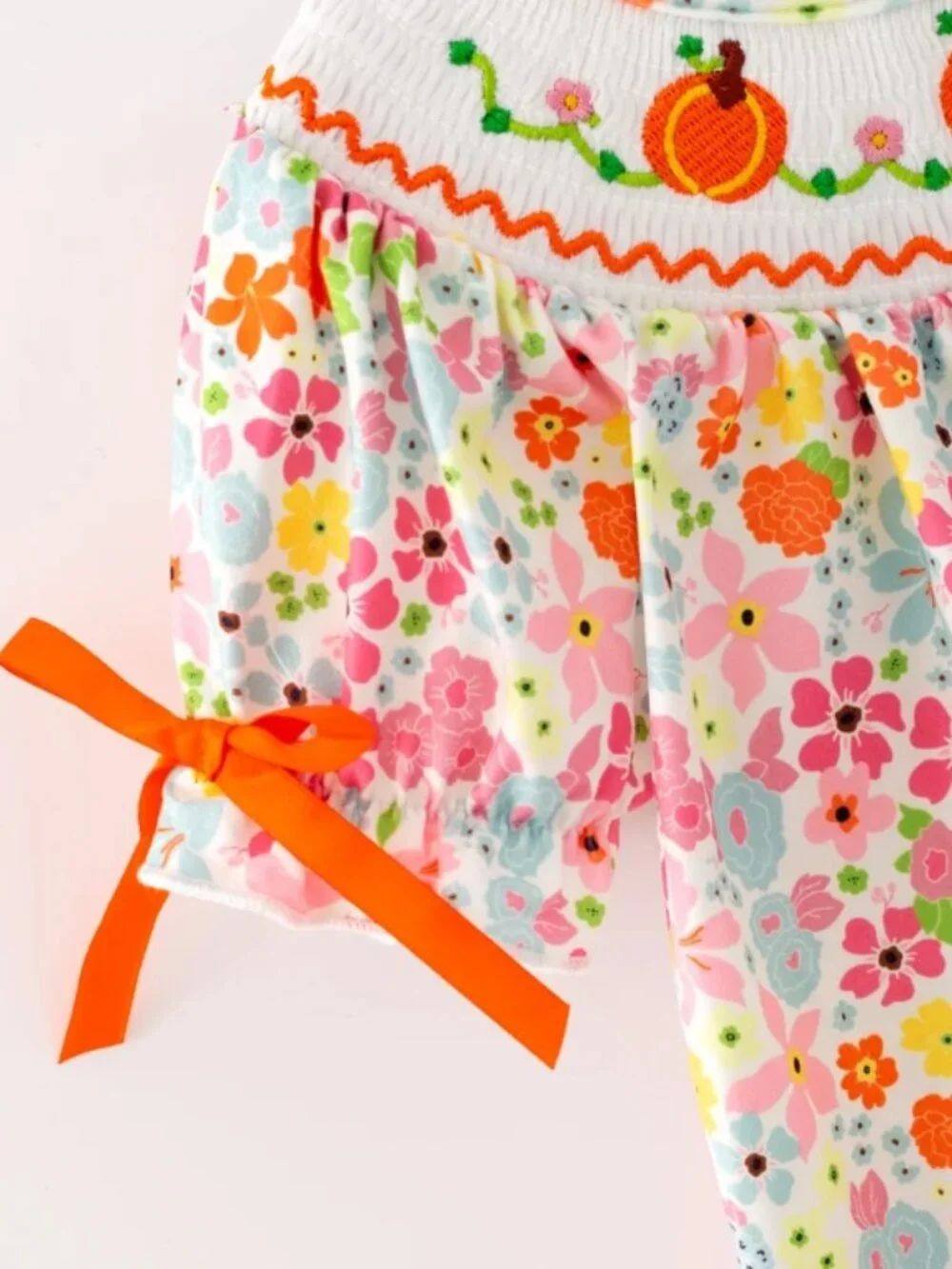 Boutique Pumpkin Embroidered Smocked Baby Girls Floral Bubble Romper Jumpsuit